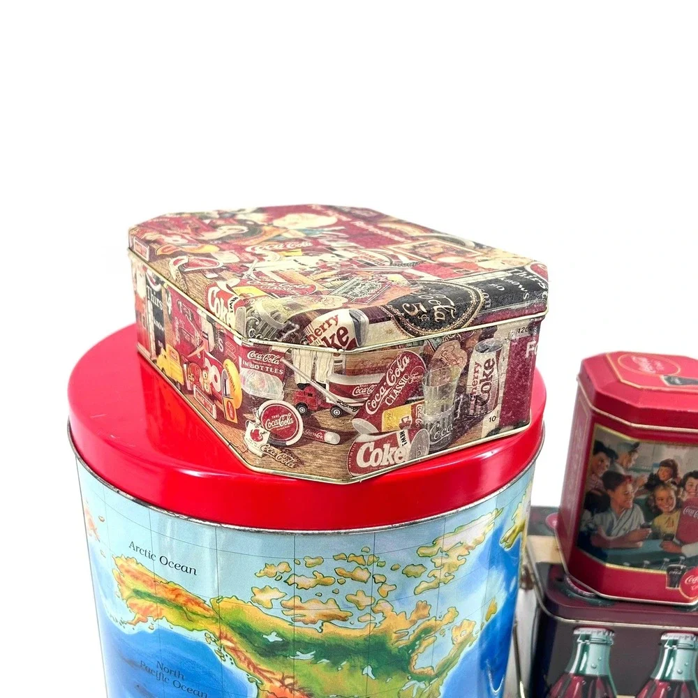 Vintage Coca-Cola Collectible Tin Lot World Map Carrier Tray Lunch Box 5pc Set